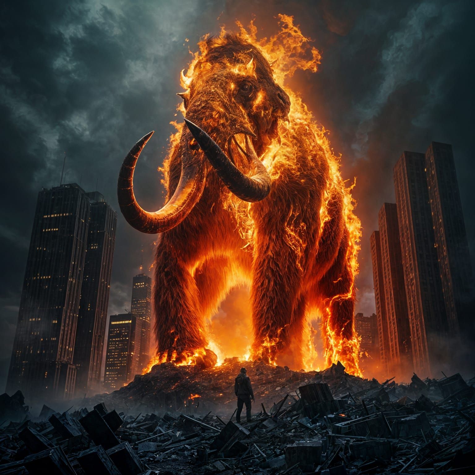 Shrouded in ominous darkness and thick smoke, a ruined city rises. Amidst the rubble of skyscrapers, ...  by @Likvi