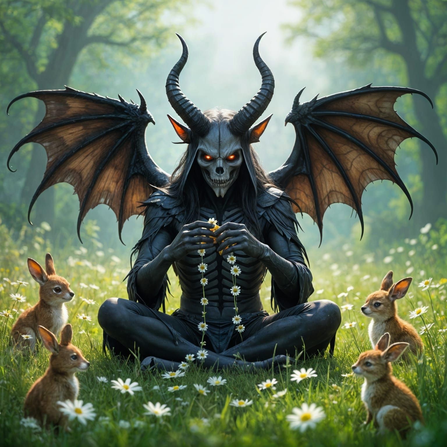 A horned, shadowy figure with skeletal wings and razor teeth, carefully weaving daisy chains for forest animals  by @Havping