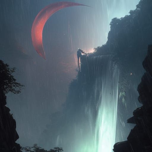 Waterfall falling from a crescent moon