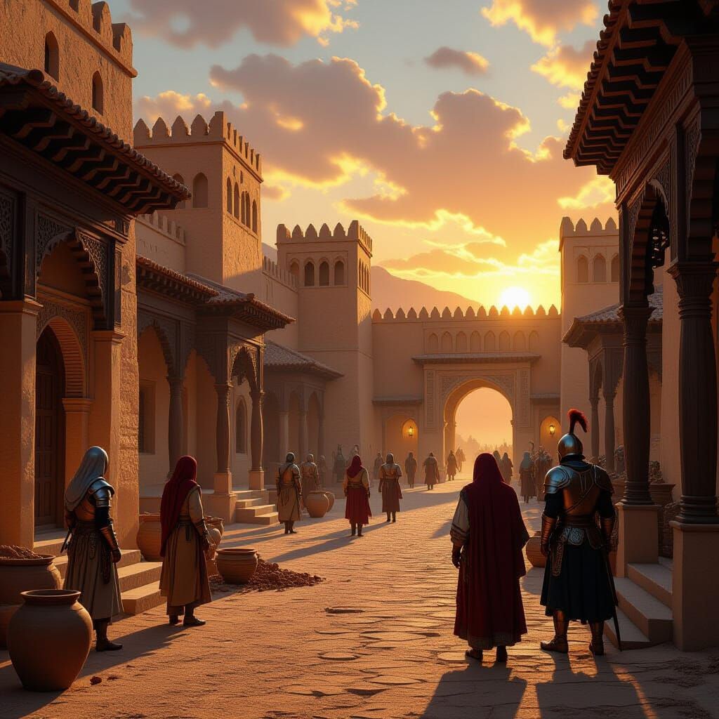 A medieval desert-style residential courtyard at sunset, still under construction. It is bustling with few servants at work and a few guards...