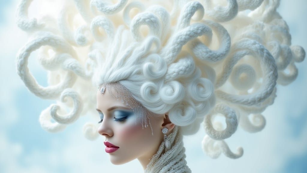  Surrealism. A portrait of a woman with gravity-defying hair sculpted into abstract, ...  by @Solfreedom