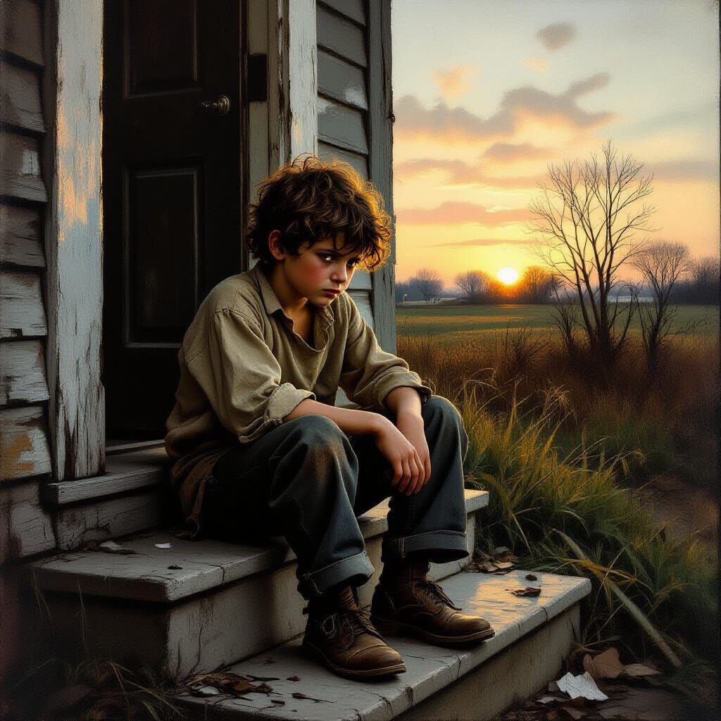 Sad Boy in Dim Sunrise Light Oil Painting