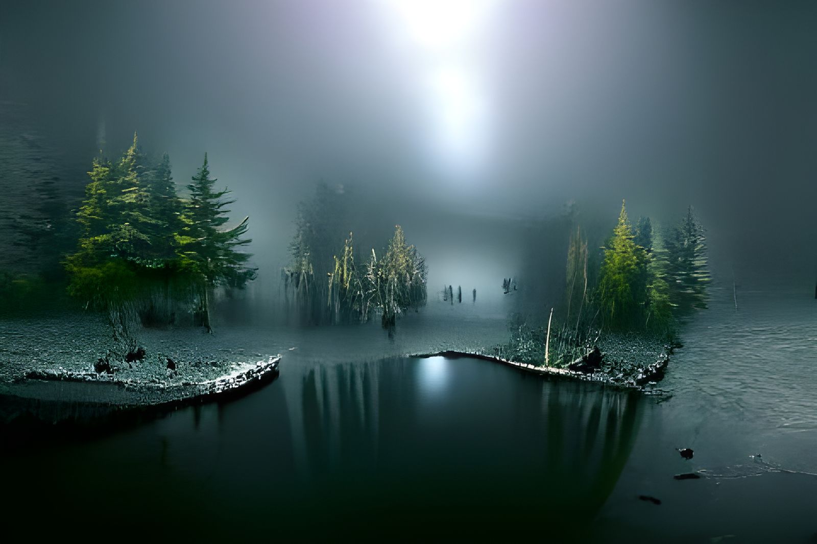A dark lake covered in fog realistic