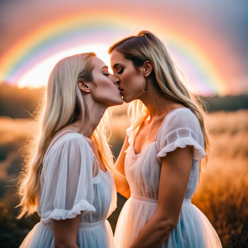 Two 25 year old California blonde women joyfully kissing wea...
