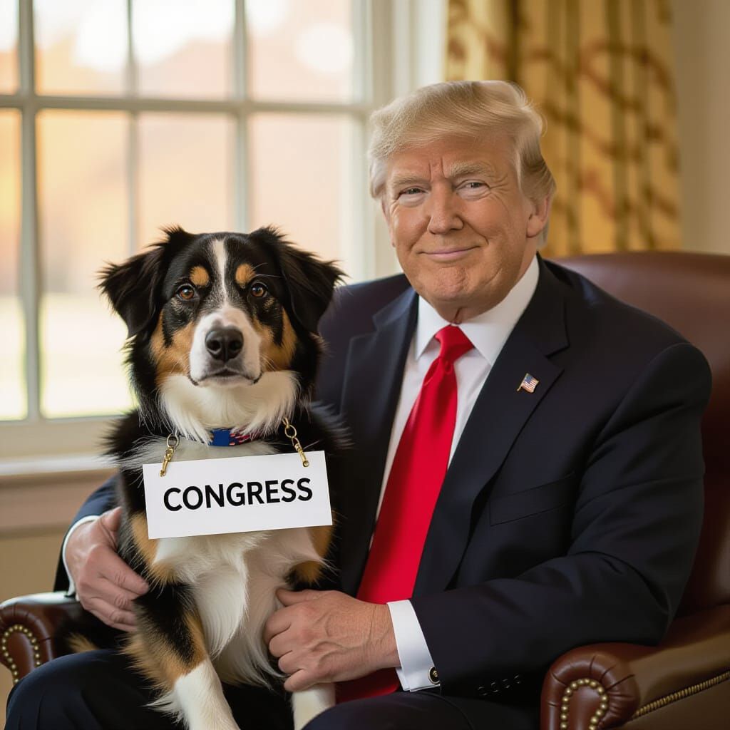 Trump sits with a dog in his lap. The dog wears a sign that says: 