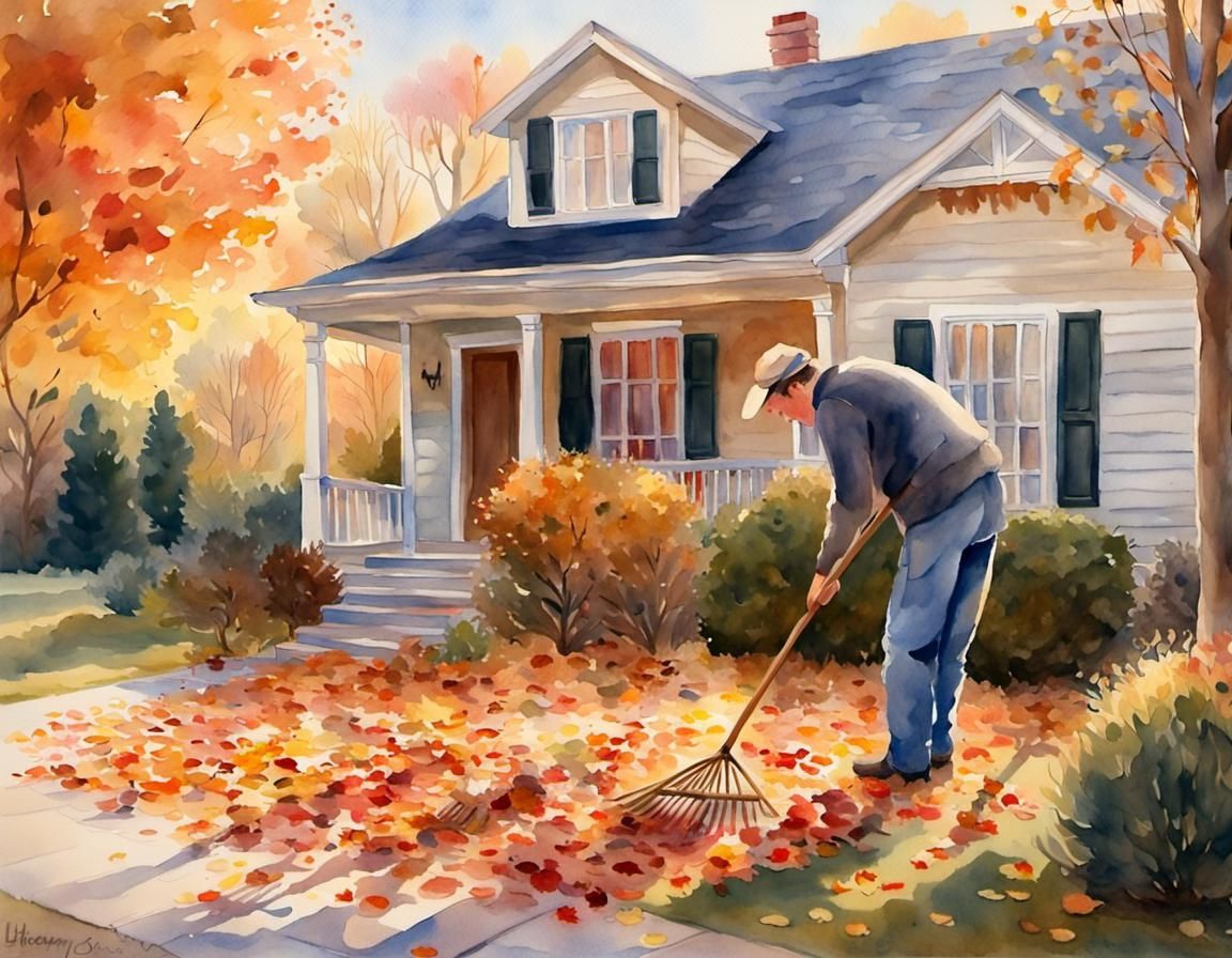 A watercolor painting of a man raking autumn leaved in the f...