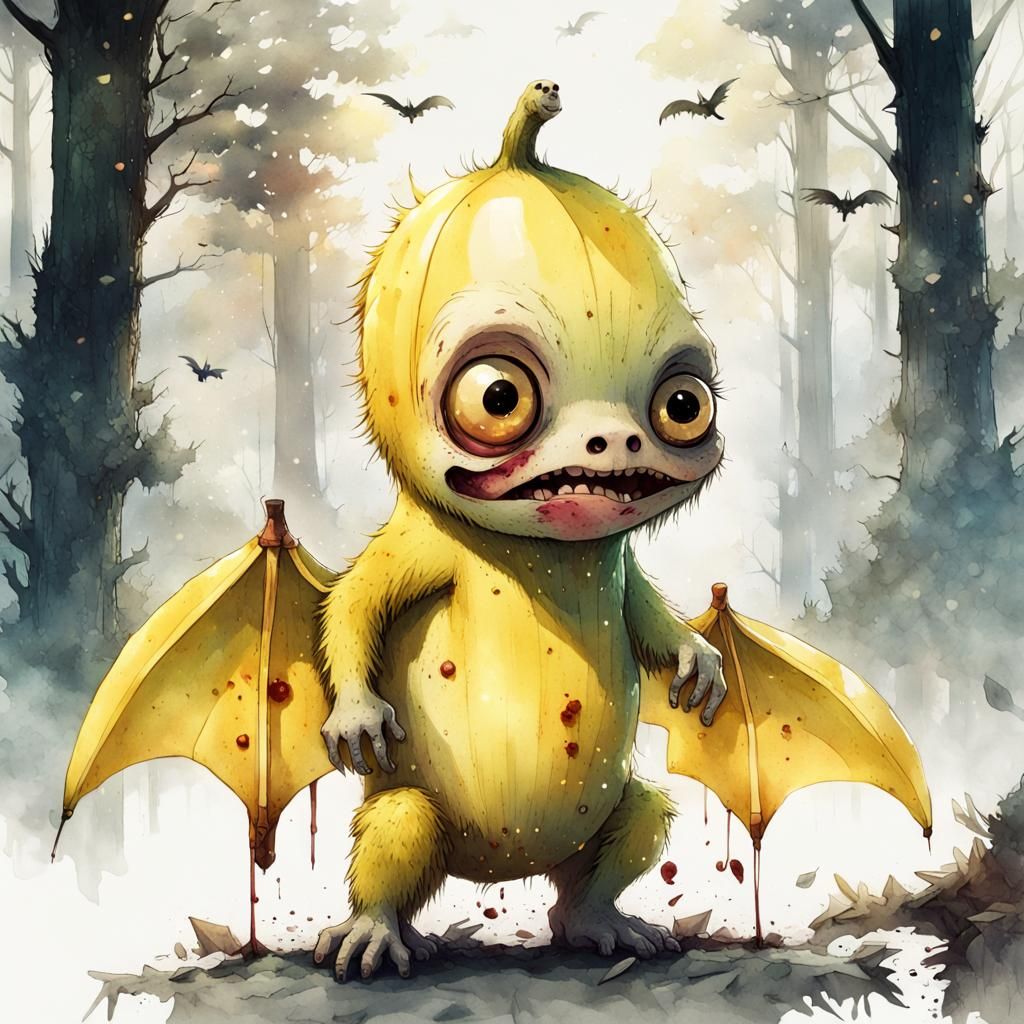 adorable cute banana with a zombie face watercolor, nightly forest background, Yoshikata Amano, Edwin Landseer, Ismail I...