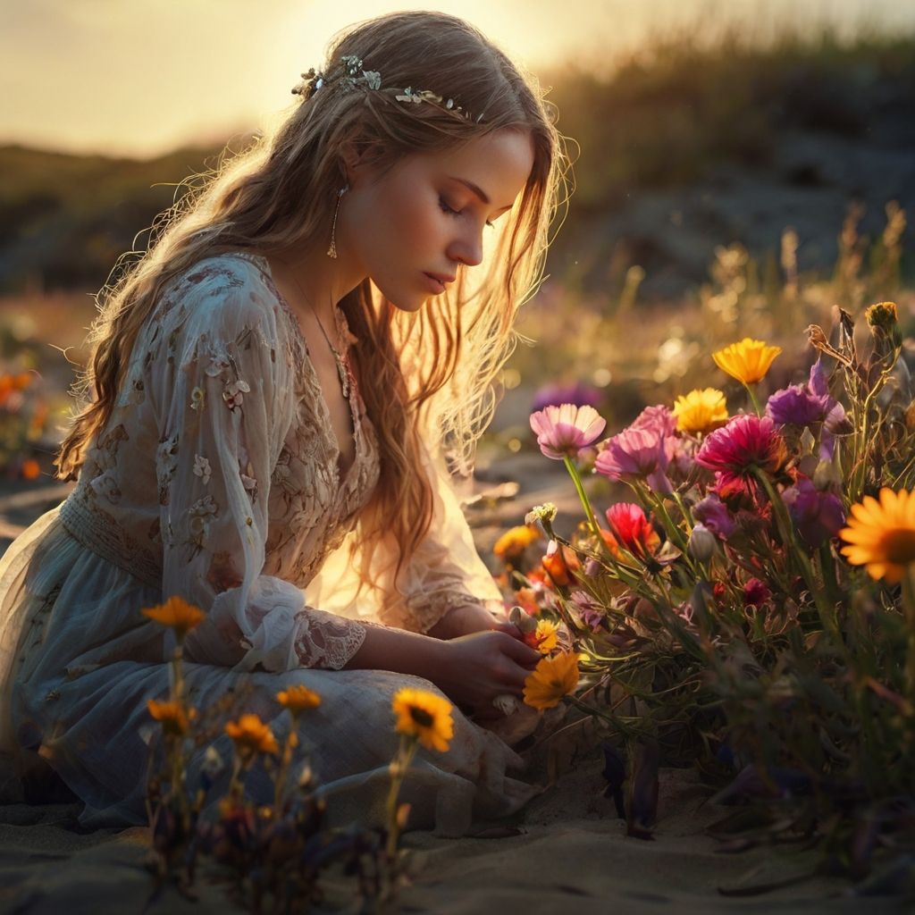 kneeling woman with flowers