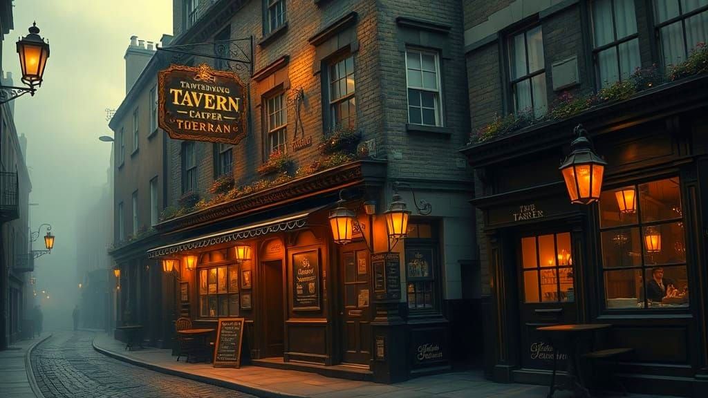 A rustic 1800s tavern along a Victorian London cobblestone street. Warm amber tones.  by @RMS