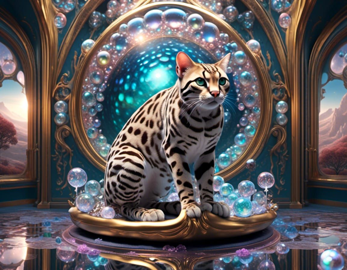 Ocelot, Cliff, Glass, Rococo, Cosmic, Infinity, Iridescent <lora:Bubblescape:1.0> 
