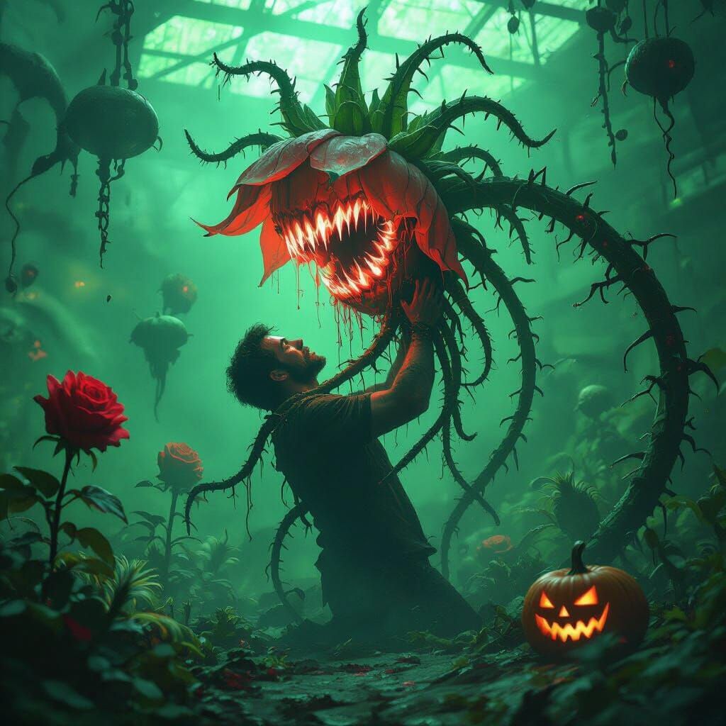 Hyper-detailed horror scene, biomechanical flower monster strangling a man with vine tentacles. The giant carnivorous plant has glowing vein...