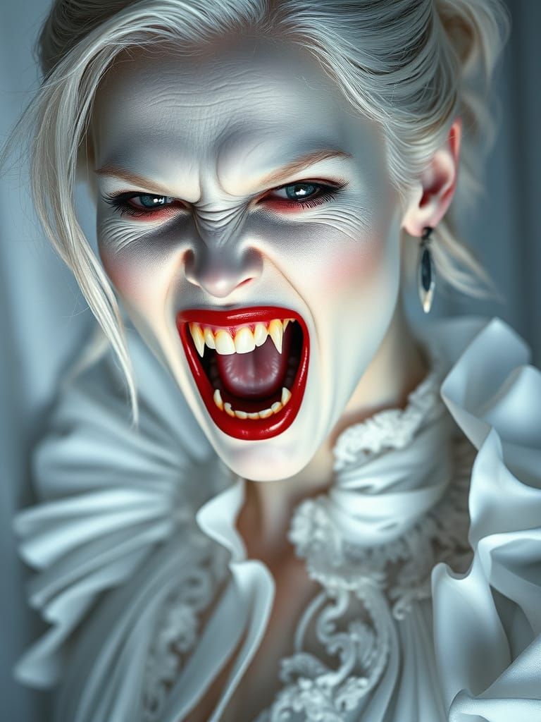 Photo realistic. Beautiful albino woman vampire with a beautiful face and red glossy moist lips. Mouth ...  by @Pamma
