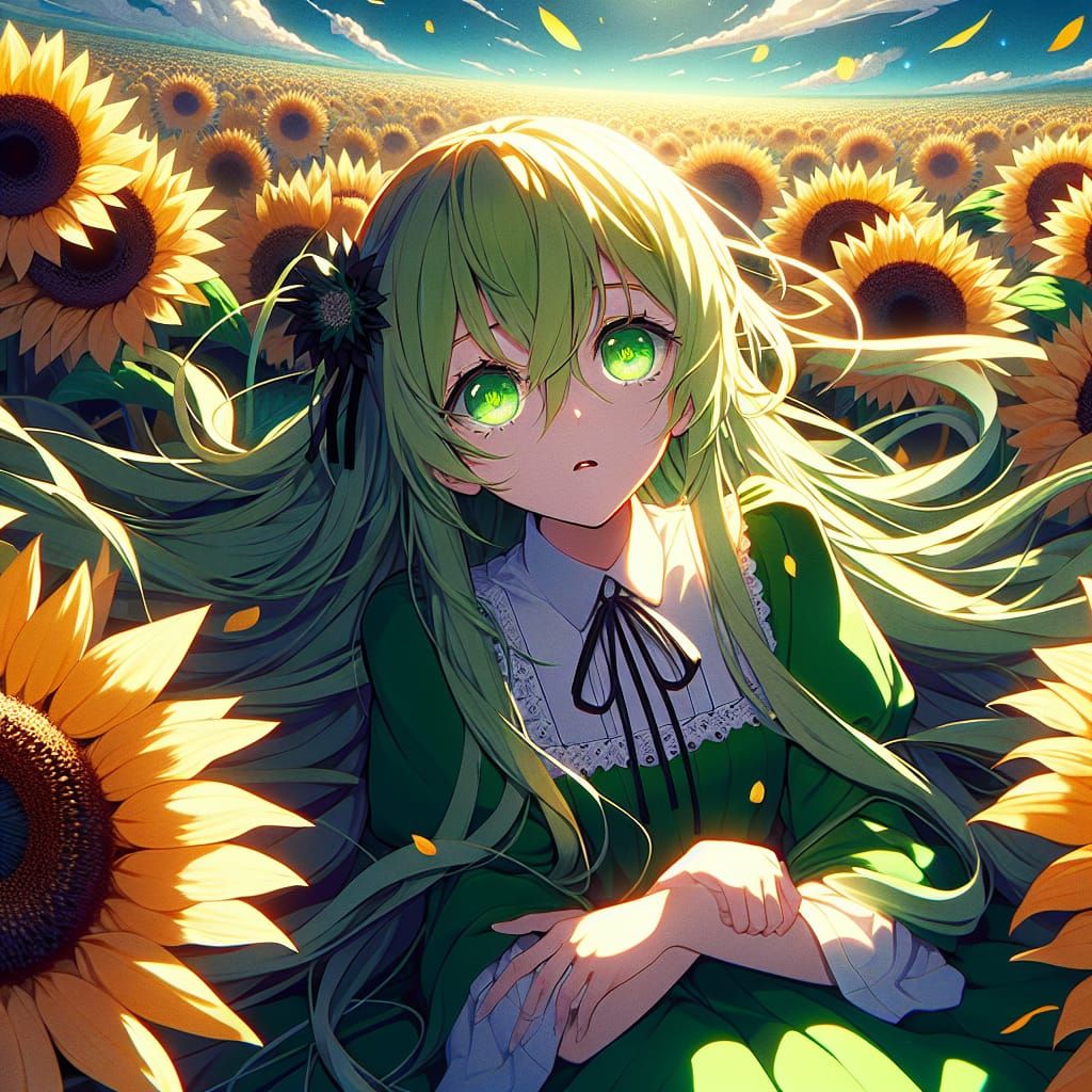 Anime girl with long lime green hair and bright green eyes i...