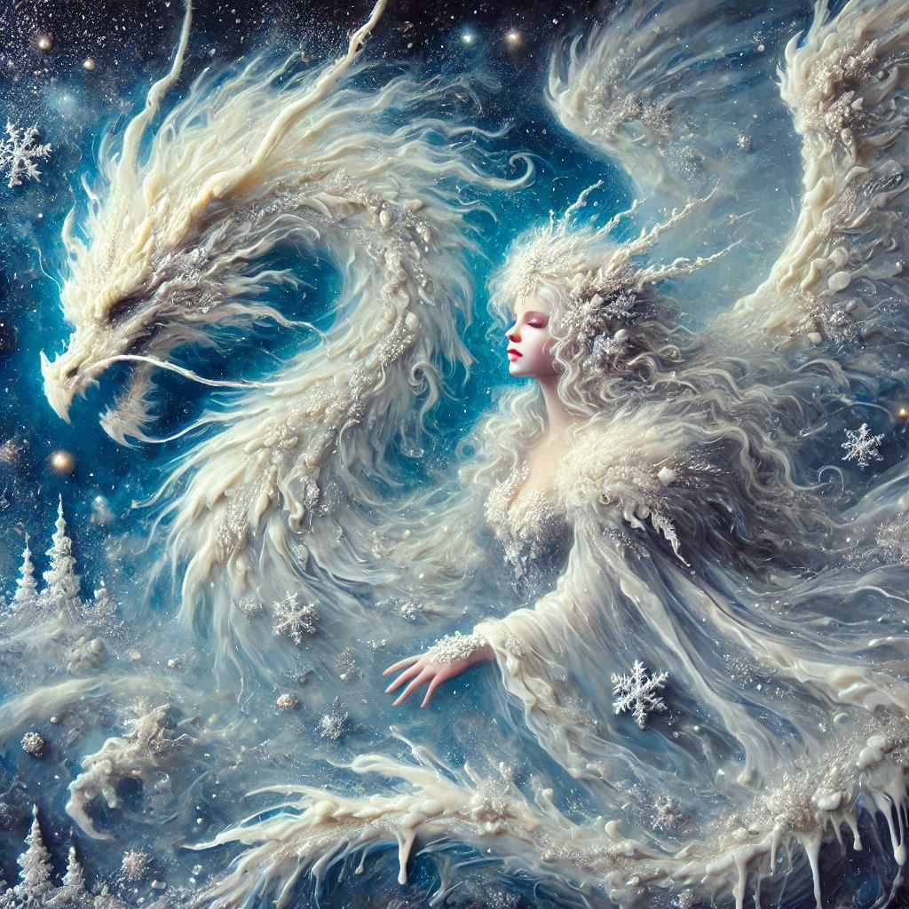 Winter goddess and her snow dragon
