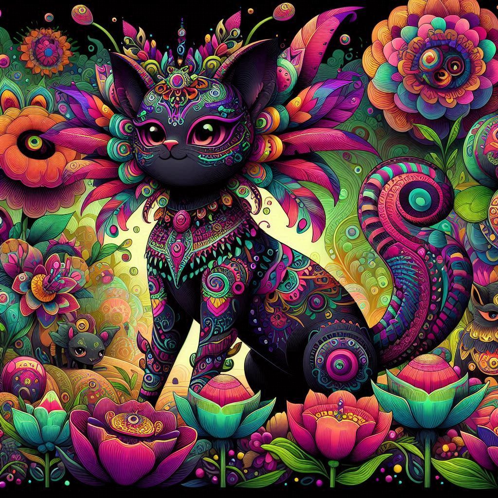 A whimsical goth Quetzalcoatl cat woman adorned with intricate, colorful details, presented in a vibrant cutecore aesthetic. The scene is ri...