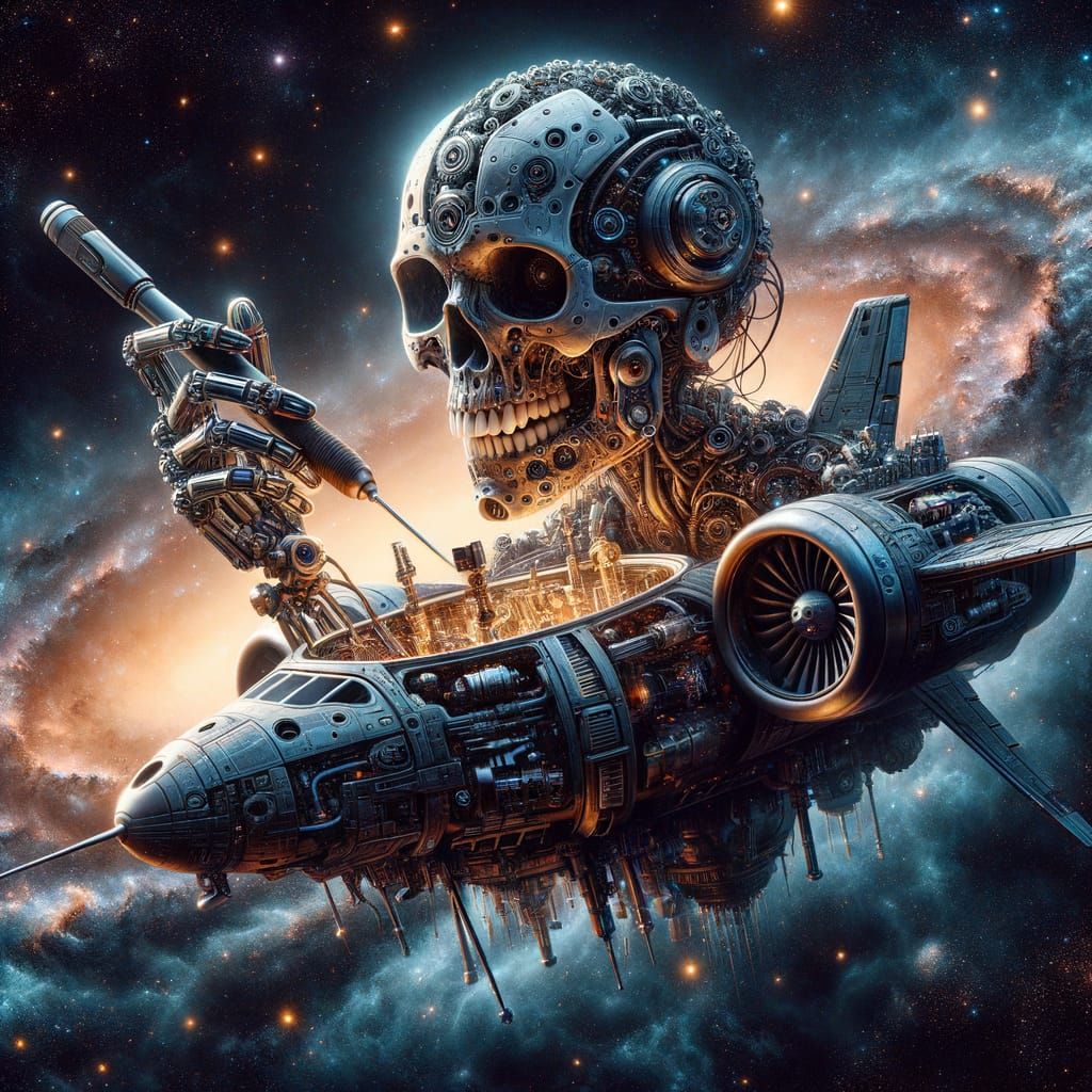 small mechanical skull levitating and performing repairs on the exterior of a futuristic spaceship. This skull should have small mechanisms ...