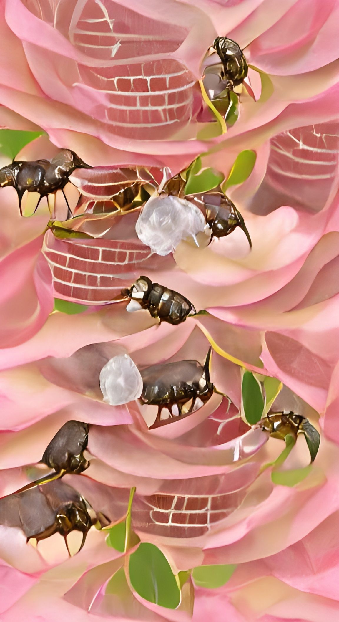 Several Crystalline Bees Swarm Around a Rose-quartz Rosebush...