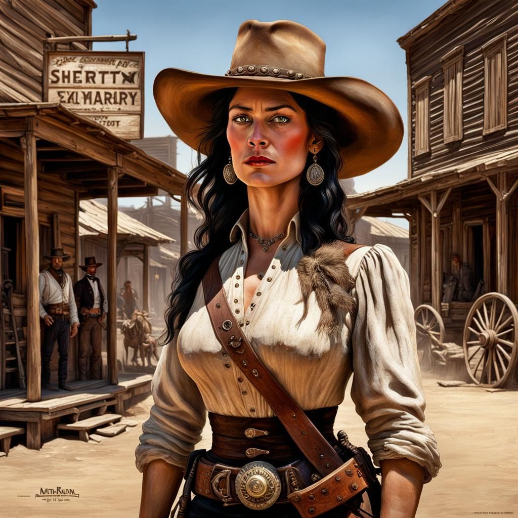 A beautiful woman sherrif in a rough western town in 1899, art by Frank ...