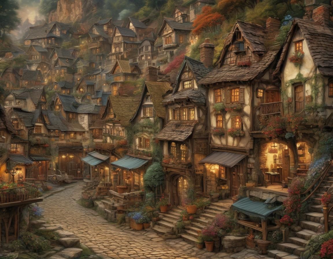 Charming Village Shopping Street in Watercolor Style