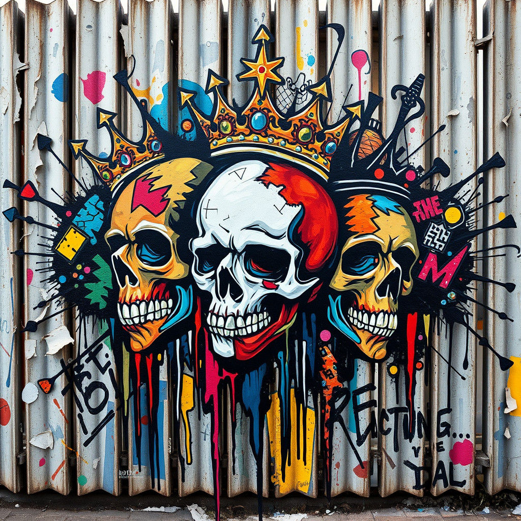 a mural filled with chaotic shapes, abstract skulls, crowns