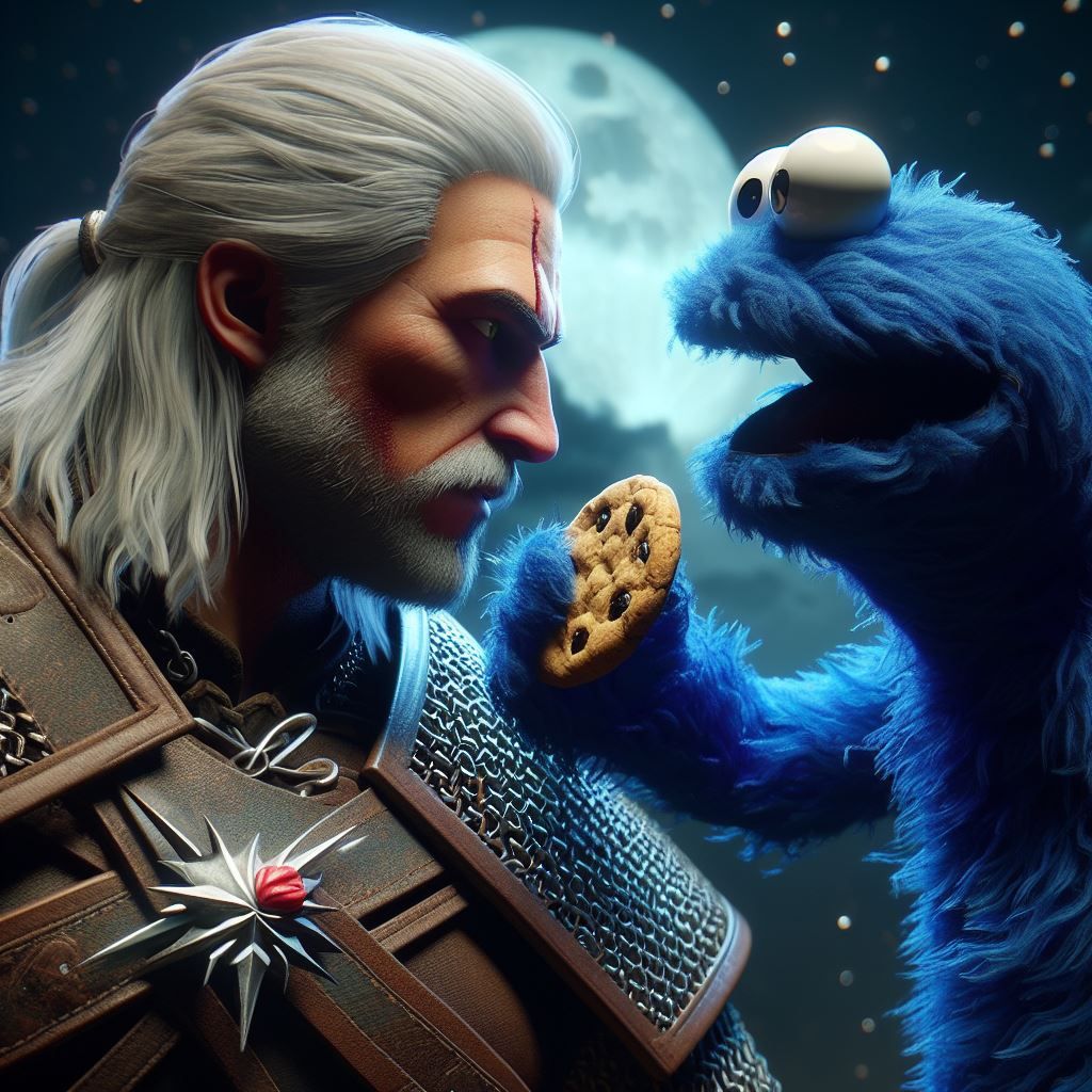 The Witcher Geralt of Rivia confronts the Cookie Monster from Sesame Street