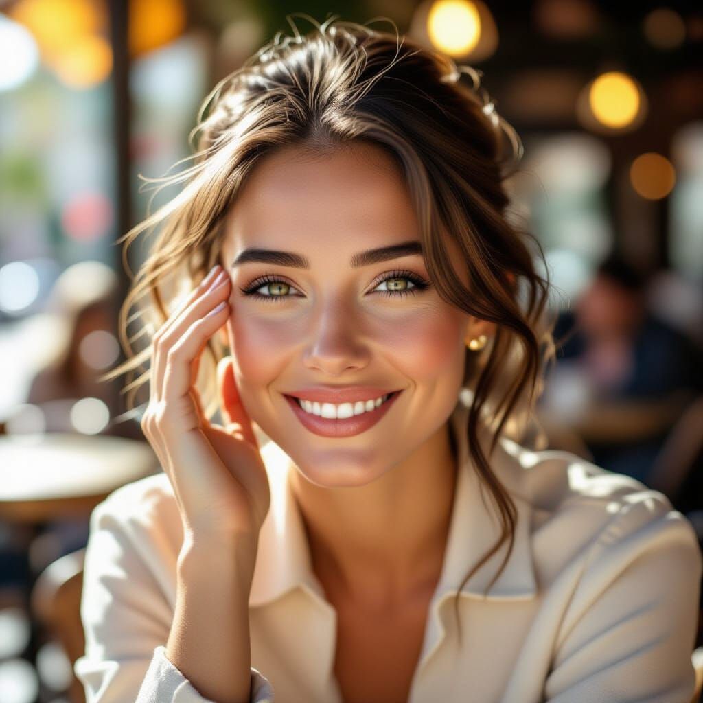 Low angle shot: a smiling French woman with bright, warm eyes. She gently touches her temple with her fingers, and the camera also captures ...