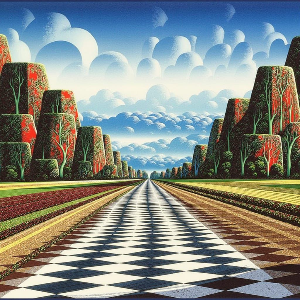 Expansive Landscape with Checkered Sidewalks and Crumbling A...