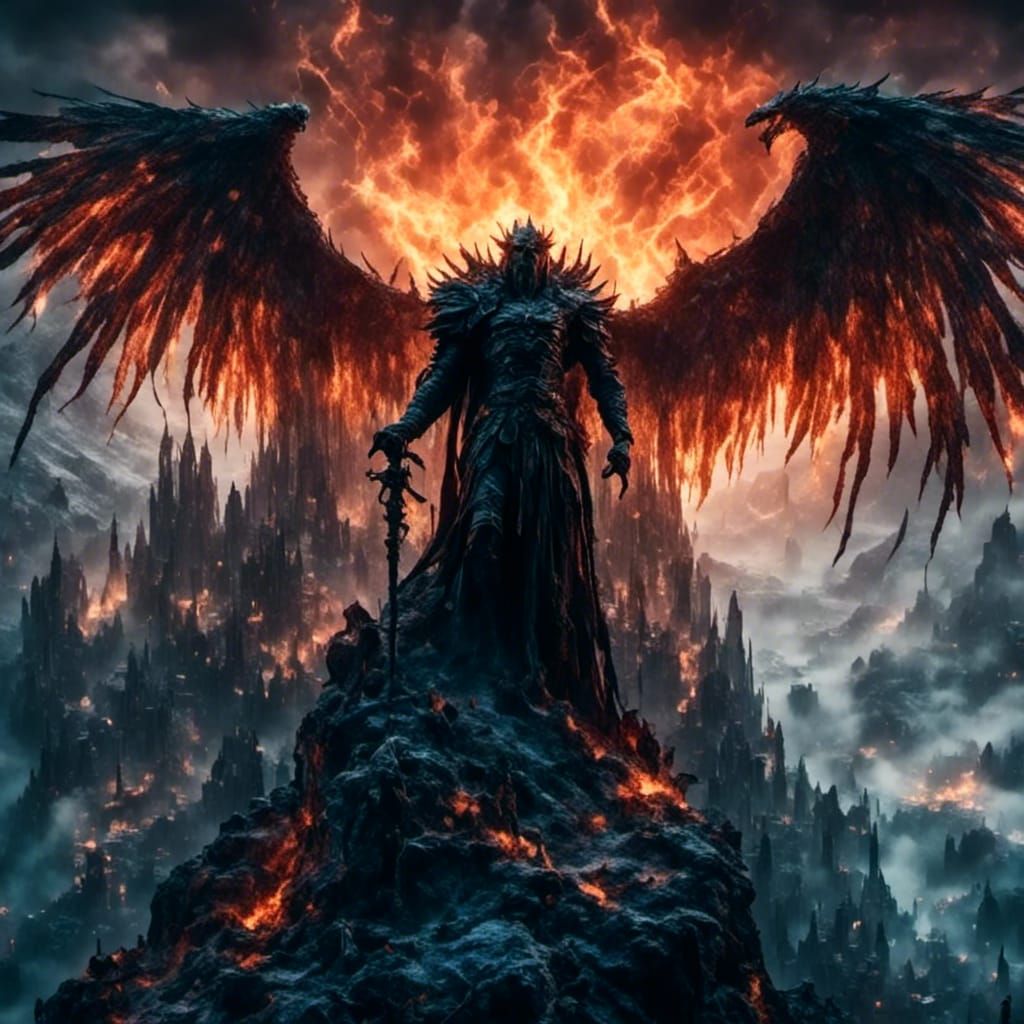 <lora:Ghostly:1.0> <lora:Dark fantasy realism:1.0> <lora:Eclipse:1.0> Dark warrior and sorcerer, with large wings of fire, on top of a mount...
