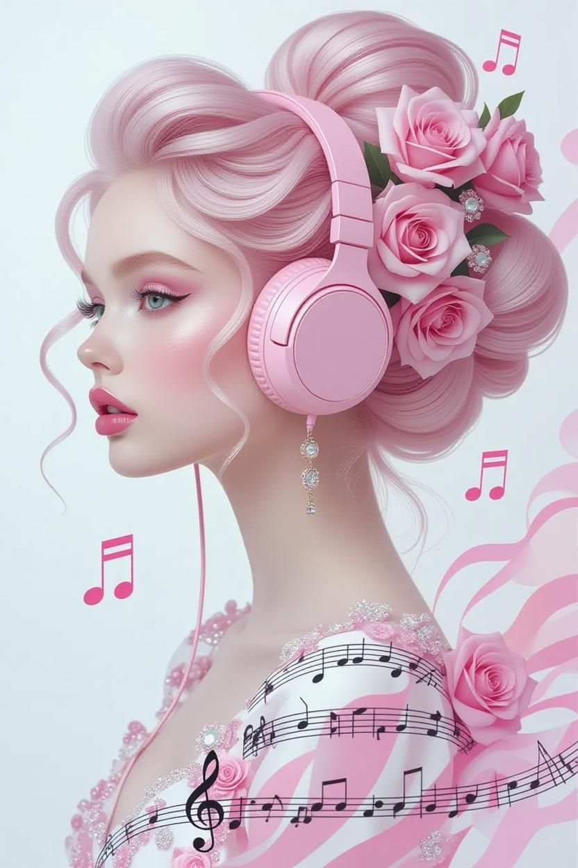 Pink headphones and music