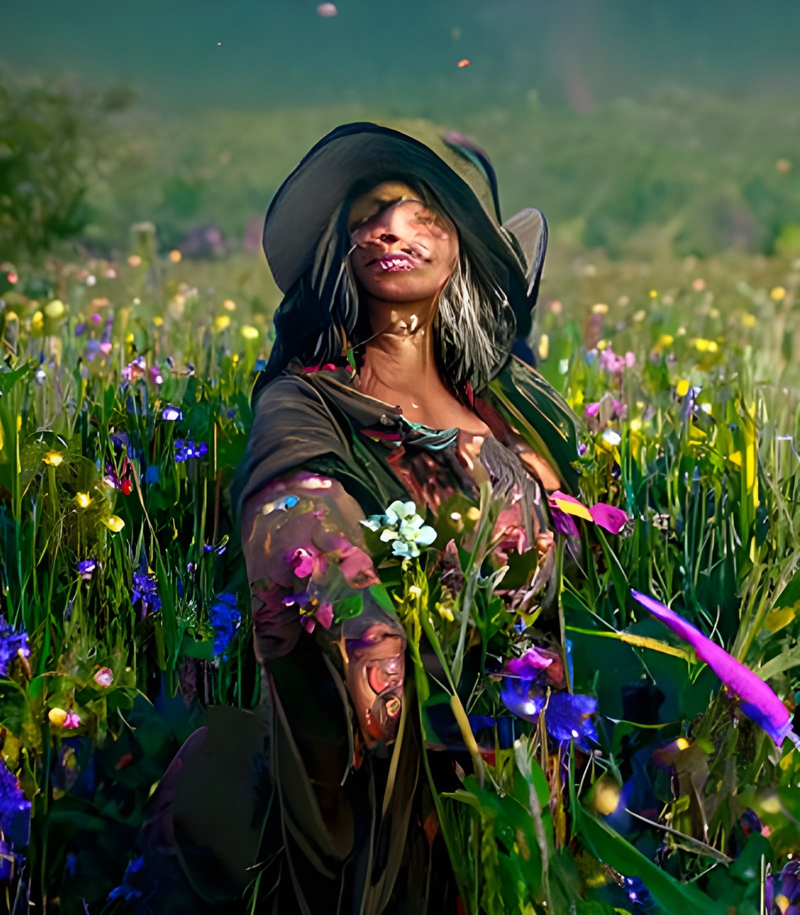 a lovely, kind contemporary tan-skinned floral witch bruja r...