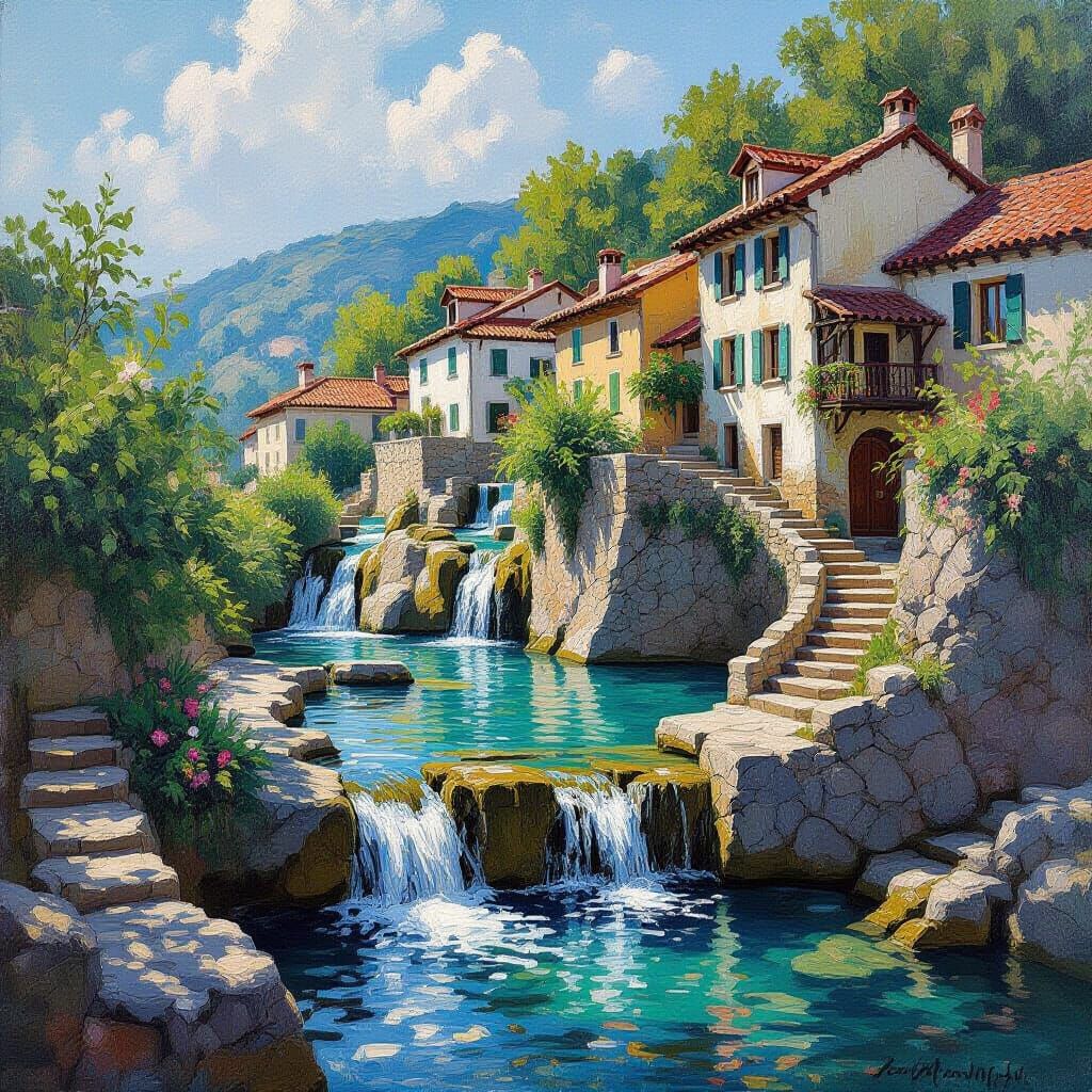 Impressionist Waterfalls Between Houses on Steep Slope