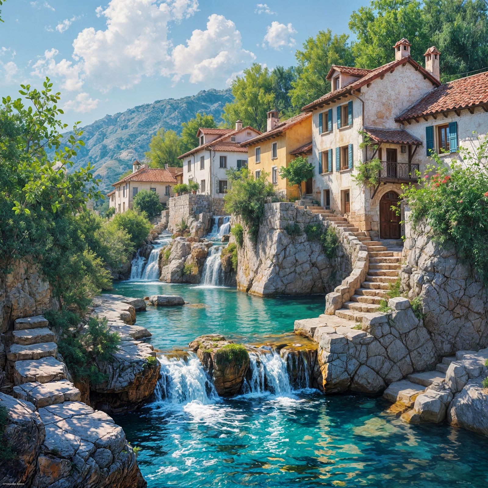Impressionist Waterfalls Between Houses on Steep Slope