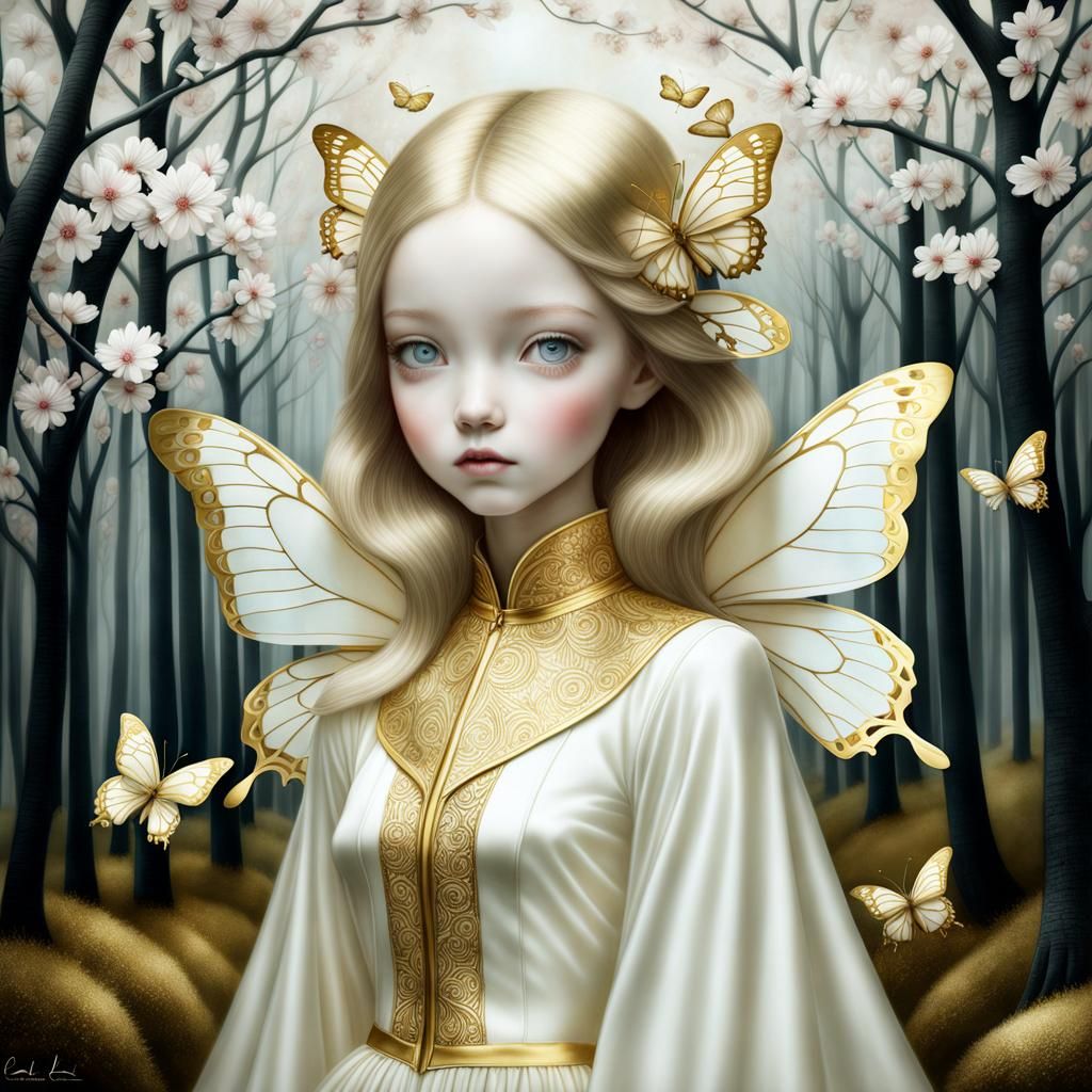 Nature Portrait with Golden Butterfly in Storybook Style