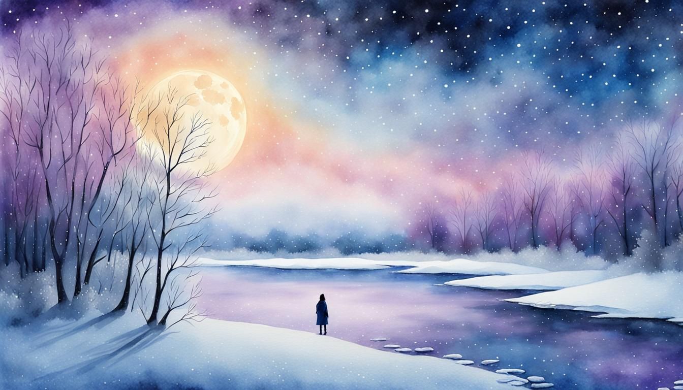 Ethereal Watercolor Landscape with Figure on Frozen Lake