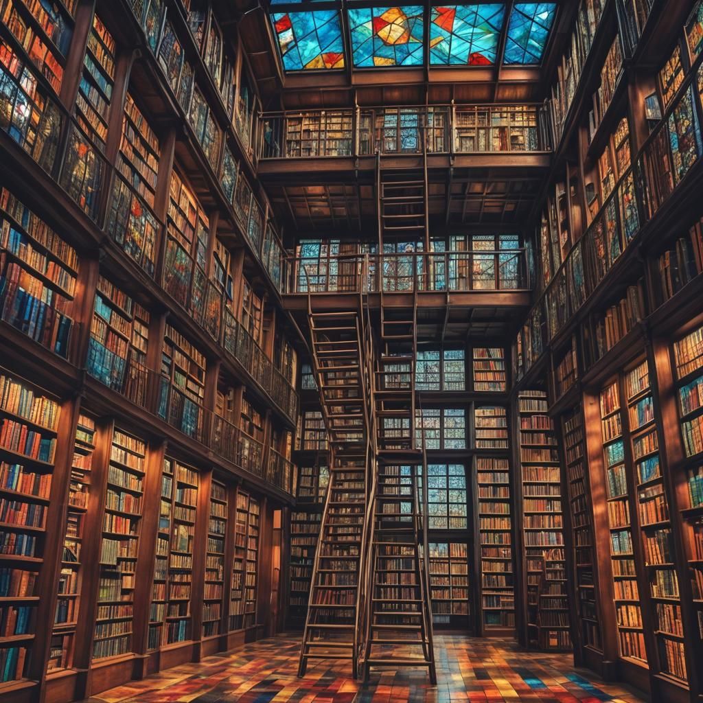 Colorful Stained Glass Library in Hyperrealistic Style