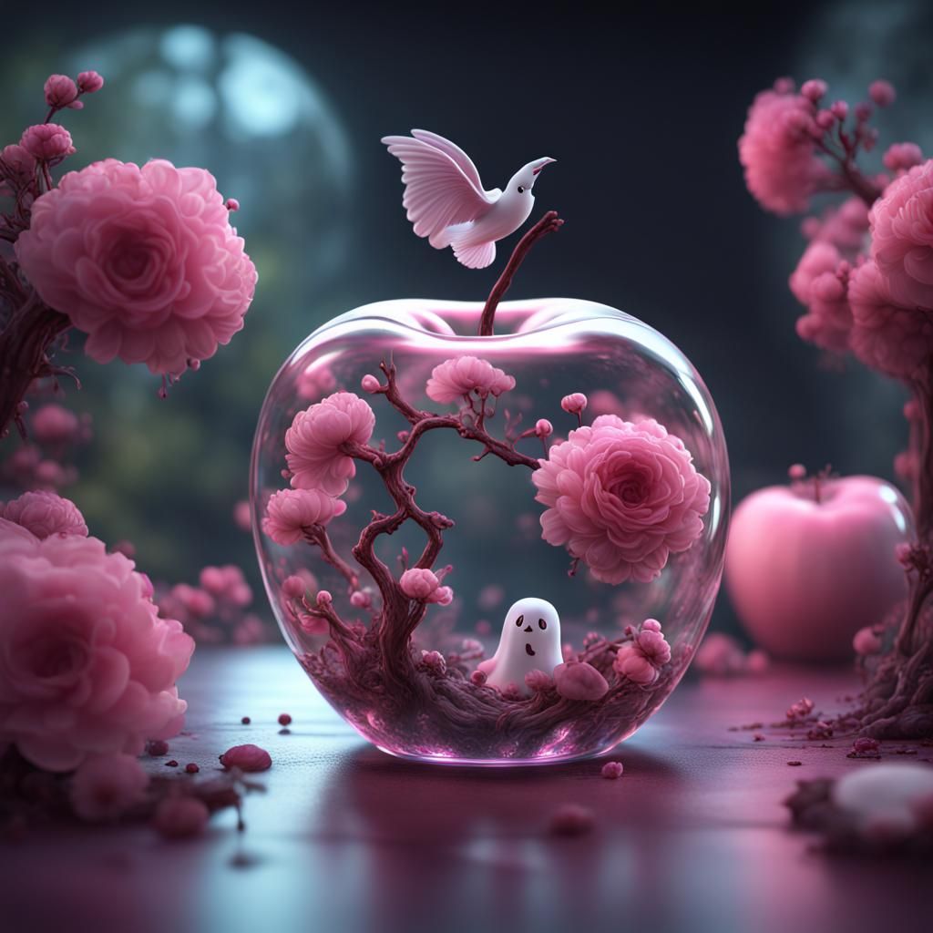 In glass apple is pink flowers and mini ghost   by @Macickask
