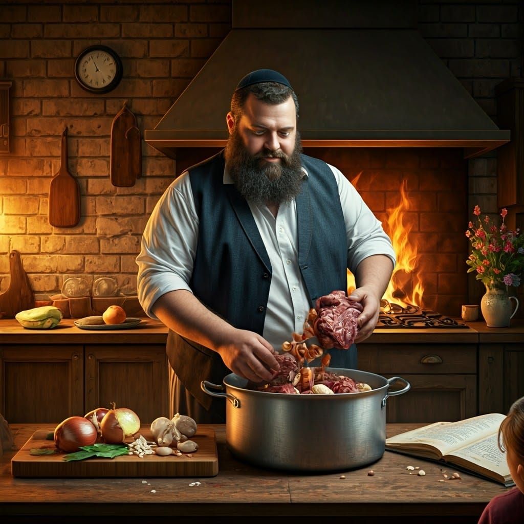 Warm Jewish Kitchen Scene with Portly Hasidic Man Cooking Ch...