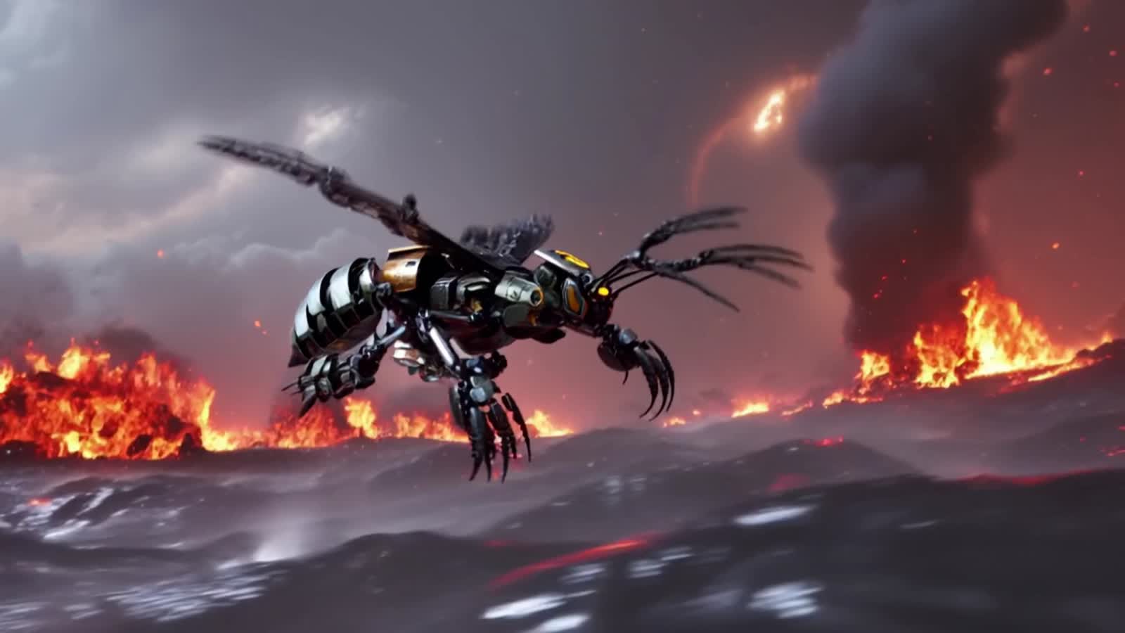 A robotic cyborg bee geared for battle as it searches for rich nectar in a vast galaxy of fiery rain and chaos.