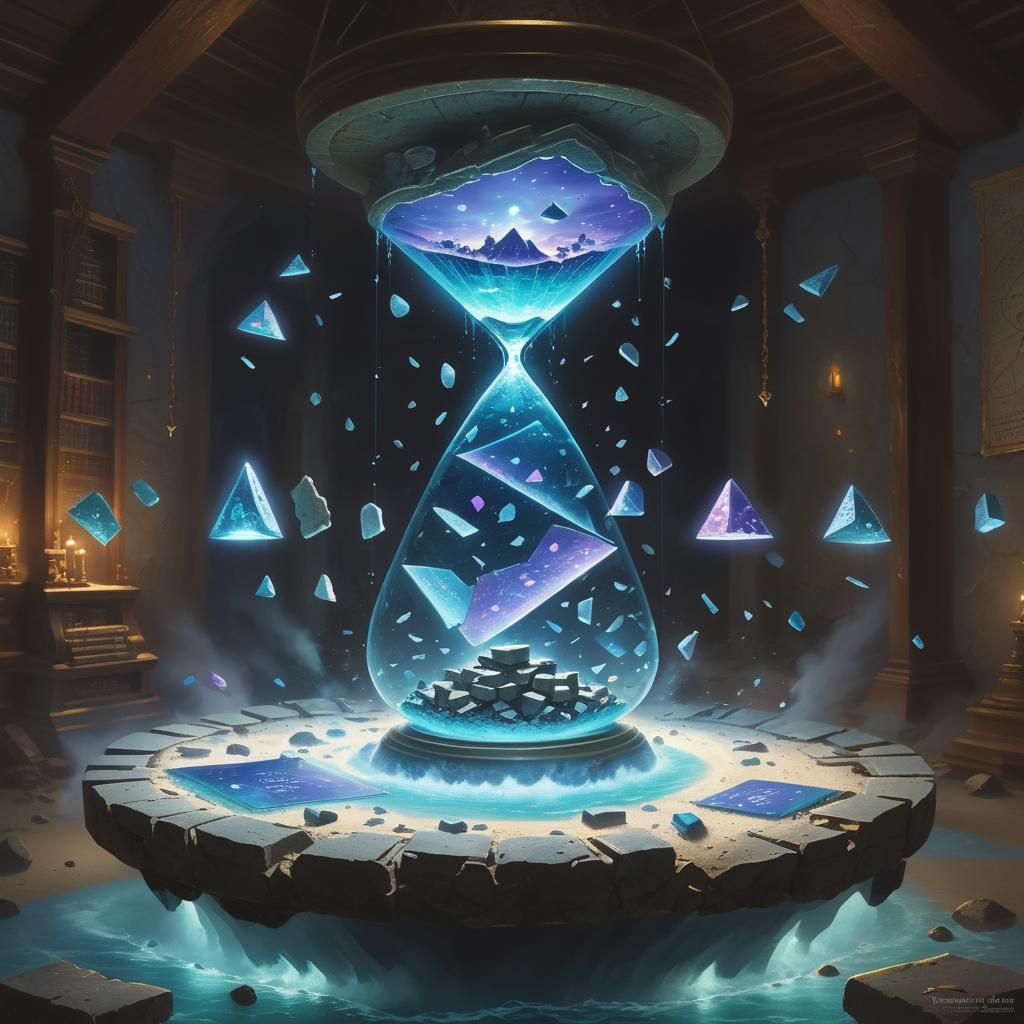 The room is filled with floating, shattered pieces of stone tablets, suspended in mid-air. Strange glowing ...  by @Goose Banner