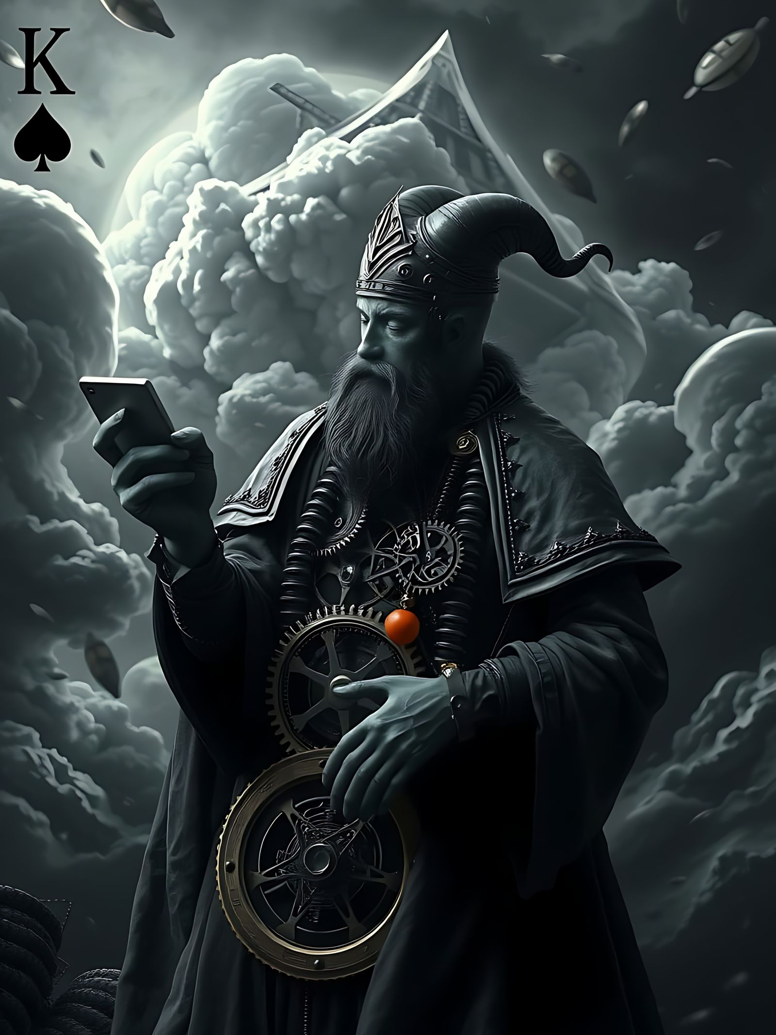 A clockwork automation king of spades contemplating a comple...