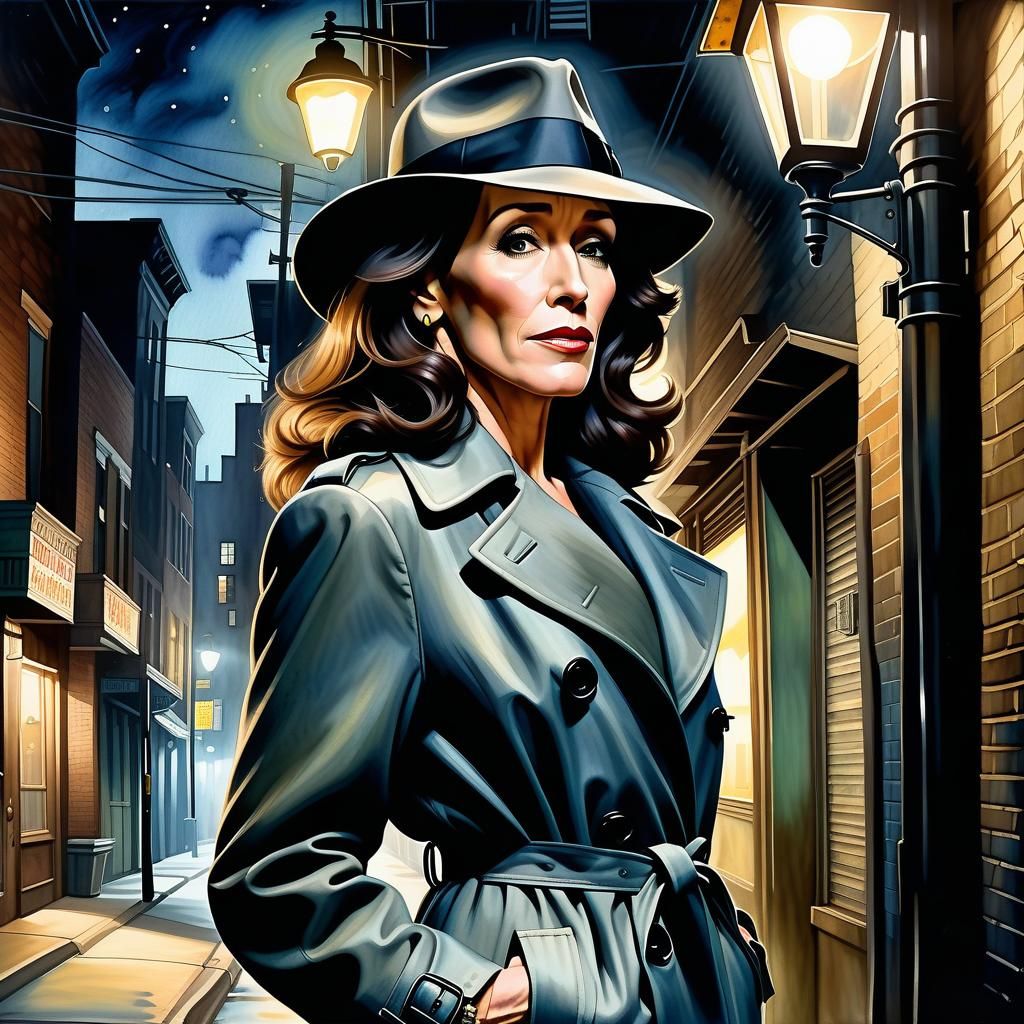 A realistic waist-up profile portrait of Katey Sagal dressed...
