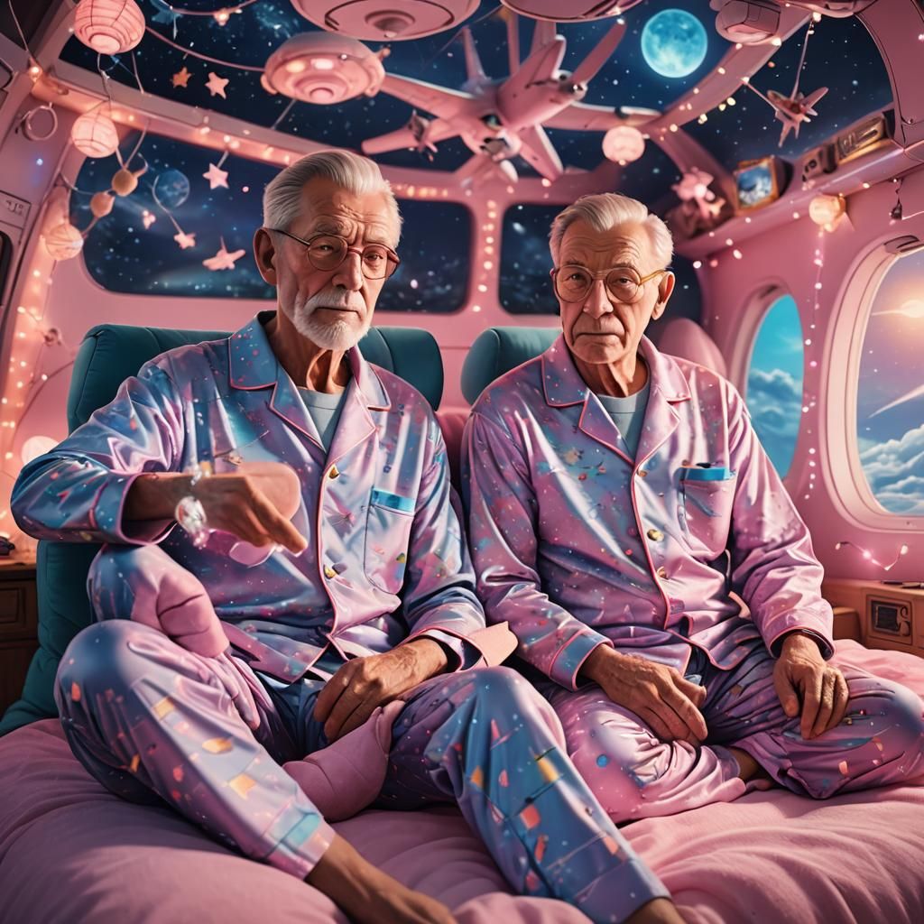 Whimsical Fantasy: Two Men in Pajamas on Bed