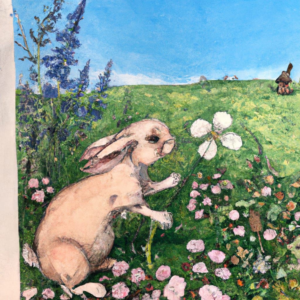 rabbit smelling a flower
