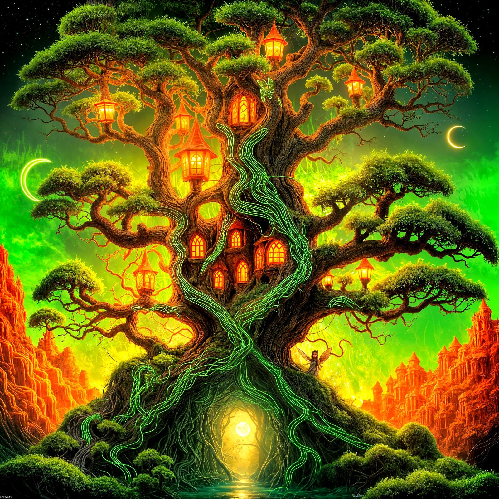 Neon treehouse  by @Shimmeringcosmos