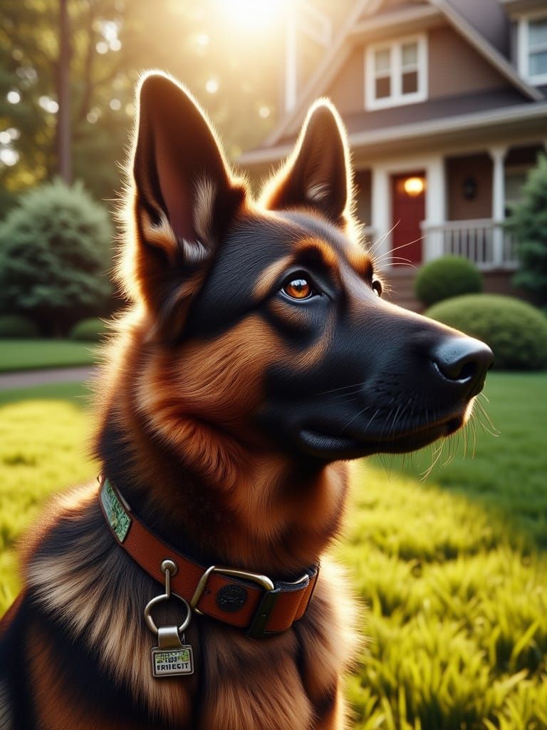  An alert German Shepherd dog watching over a family home. 