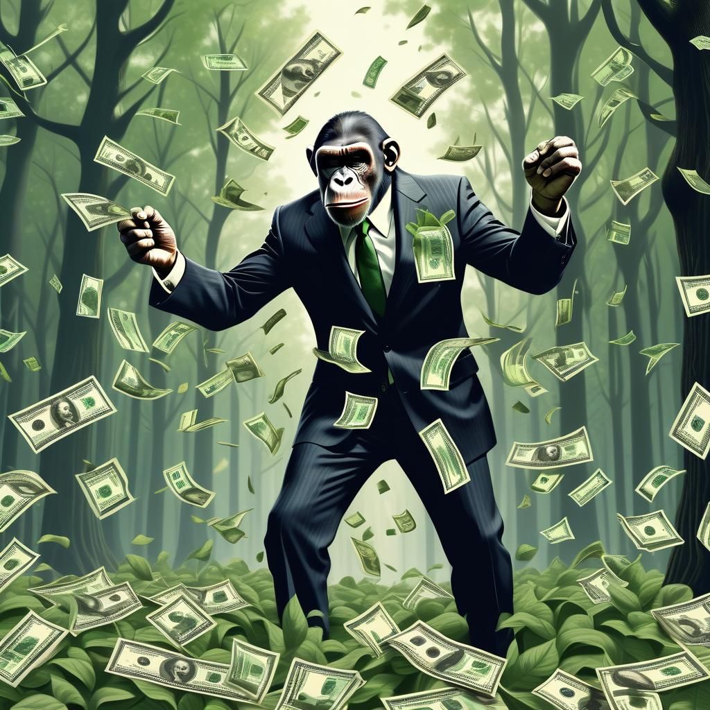 green leaves falling from the trees turn into dollar bills, trees are ...