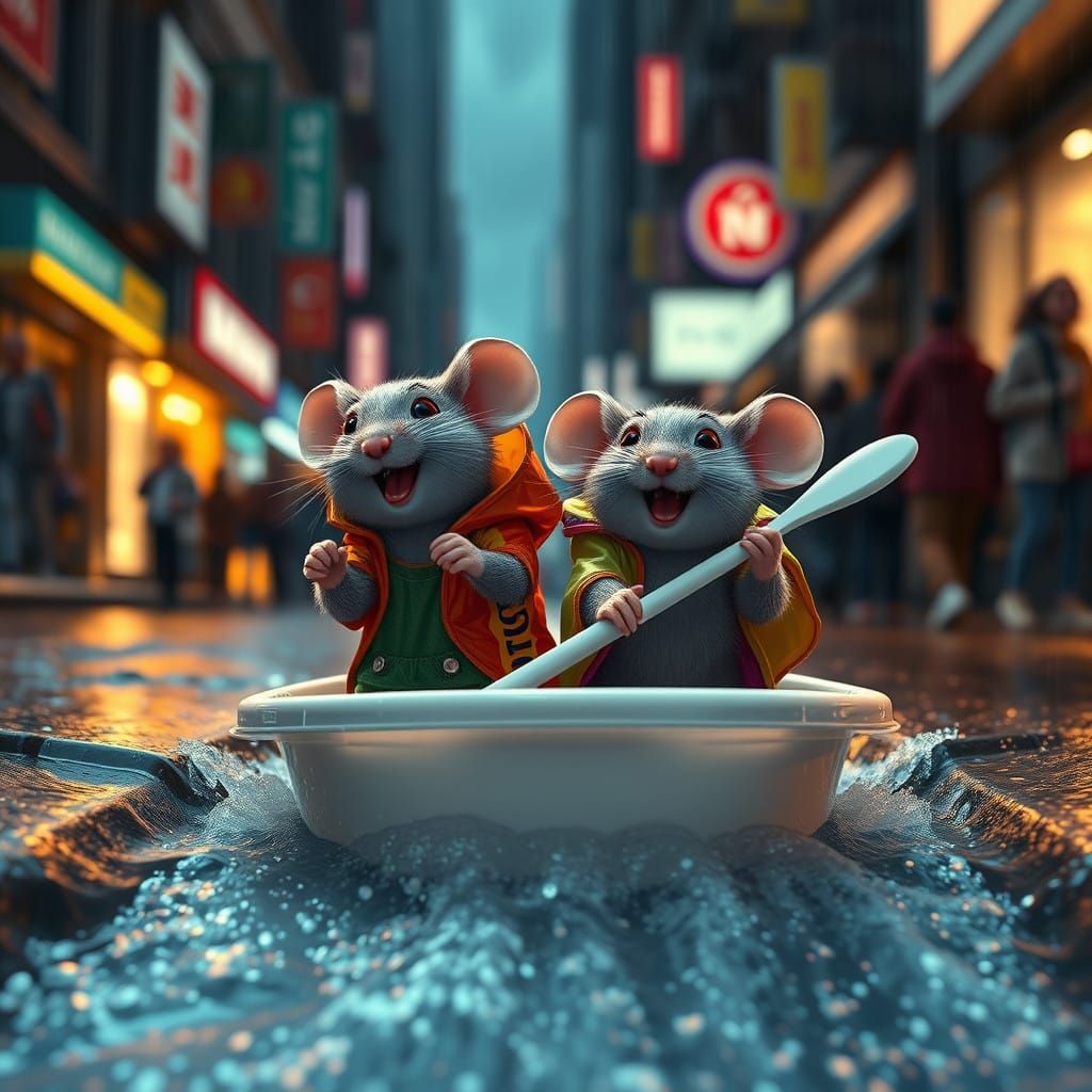 Happy Adventure Mice are whitewater-rafting in the gutters with a plastic takeaway container  by @Kalpine