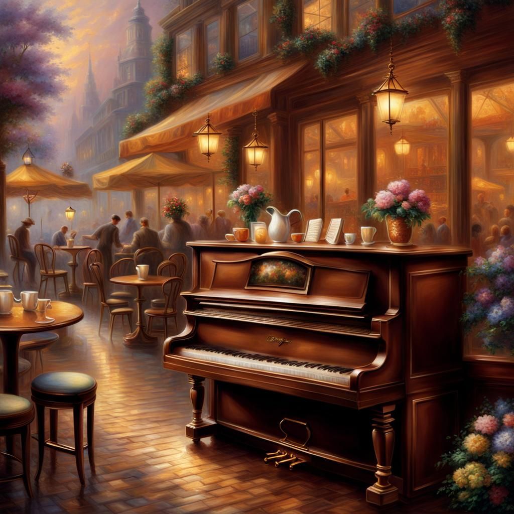 Beautiful brown café with an upright piano  ethereal fantasy...