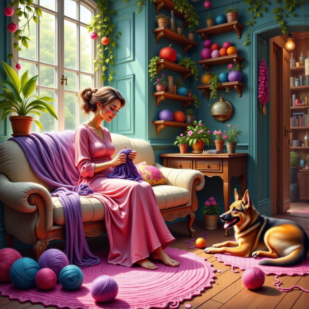 Cozy Knitting Scene with Woman and Dog in Vivid Room