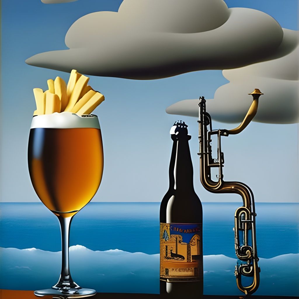 Surreal Beer and Fries Seascape, Aquarel Style